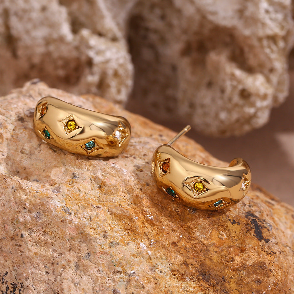 Fashionable Vintage-Style Geometric Stainless Steel Plated 18K Gold Moon and Star Earrings with Colorful Zircon Inlay