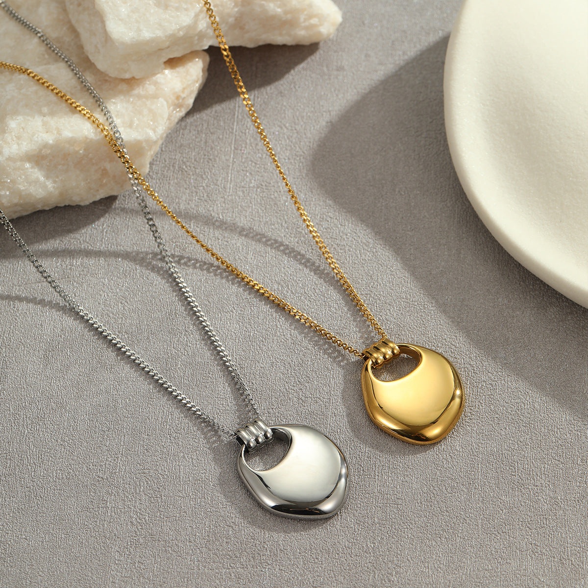 Minimalist Geometric Saddle Bag Pendant Necklace in Stainless Steel with Plated Finish for Women Long Sweater Chain