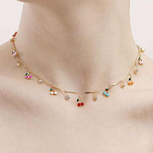 Collana Pendente Ciliegia Smaltata Colorata Zircone per Donna con Design Geometrico in Lega con Finitura Placcata