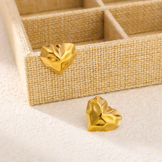 INS-Inspired Geometric Heart-Shaped Stainless Steel Earrings with 18K Gold Plating and Polished Symmetrical Finish