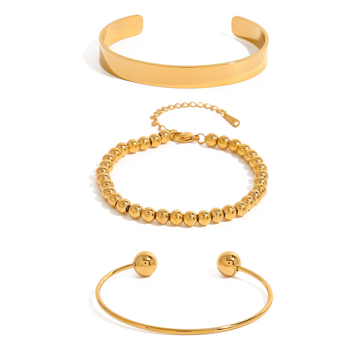 Pulsera Minimalista Geométrica de Acero Inoxidable con Cuentas y Brazalete Ajustable de Acero de Titanio Bañado en Oro de 18K
