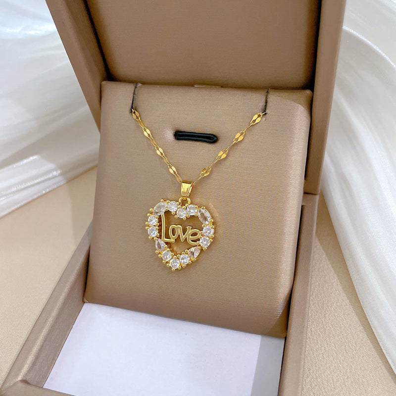 Luxury Titanium Steel Heart Pendant Necklace with Rhinestones for Women and Men Geometric Moon Pattern