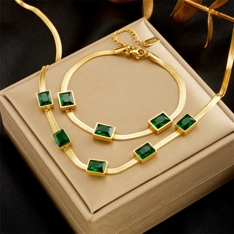Vintage Minimalist Emerald Green Square Titanium Steel Snake Chain Bracelet and Necklace Set with Plated Finish