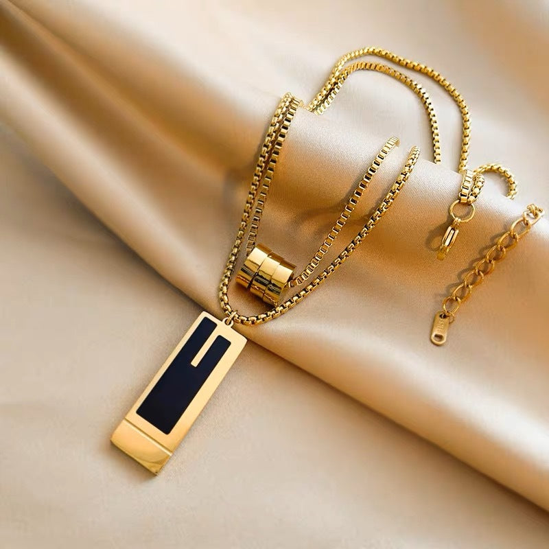 Minimalist Geometric Titanium Steel Double-Layer Pendant Necklace for Women and Men with Polished Finish and Chic Long Sweater Chain Design