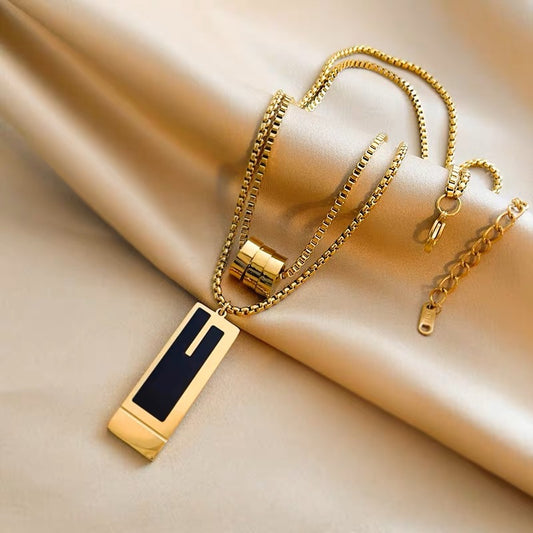Minimalist Geometric Titanium Steel Double-Layer Pendant Necklace for Women and Men with Polished Finish and Chic Long Sweater Chain Design