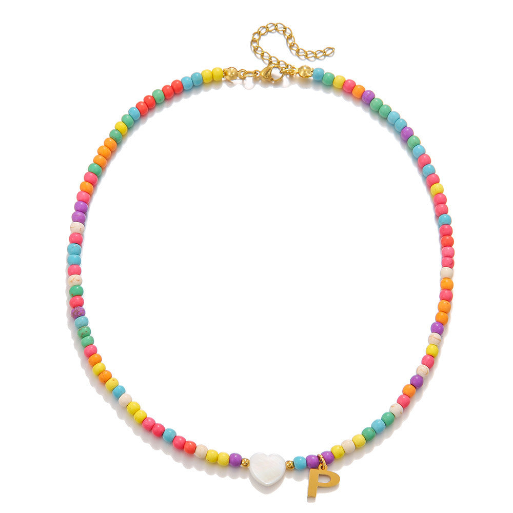 Fashion Stainless Steel Letter Heart Turquoise Charm Bar Necklace Cable Chain Unisex