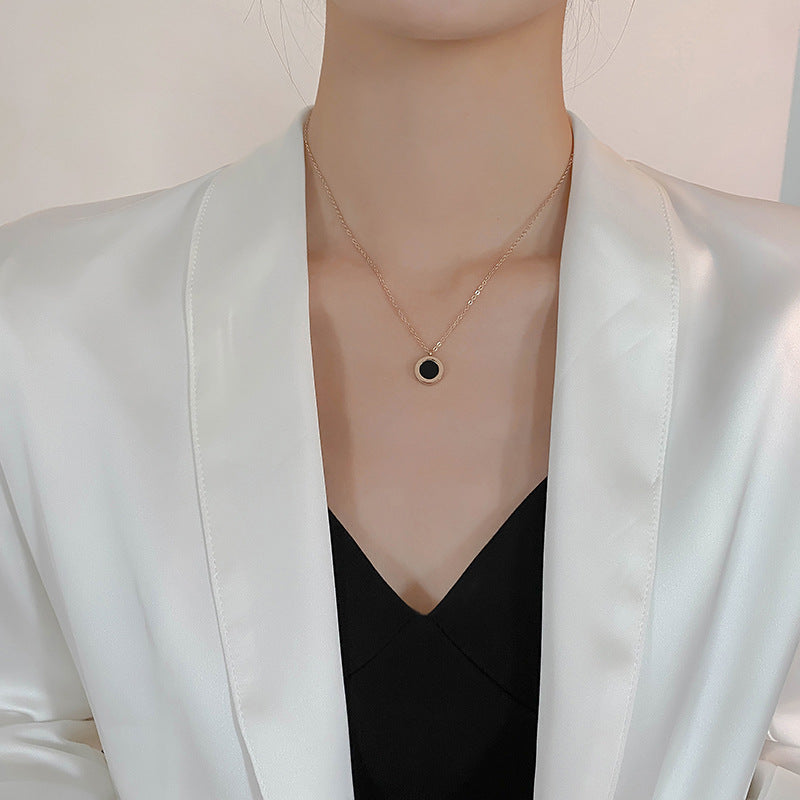 Minimalist Black Roman Letter Pendant Necklace for Women and Men, Titanium Steel Locket Chain with Plated Finish and Irregular Design