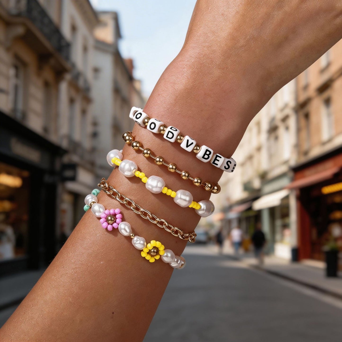 Bohemian Floral Letter Resin Turquoise Imitation Pearl Bracelet Set