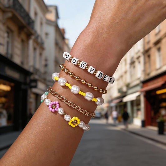 Bohemian Floral Letter Resin Turquoise Imitation Pearl Bracelet Set