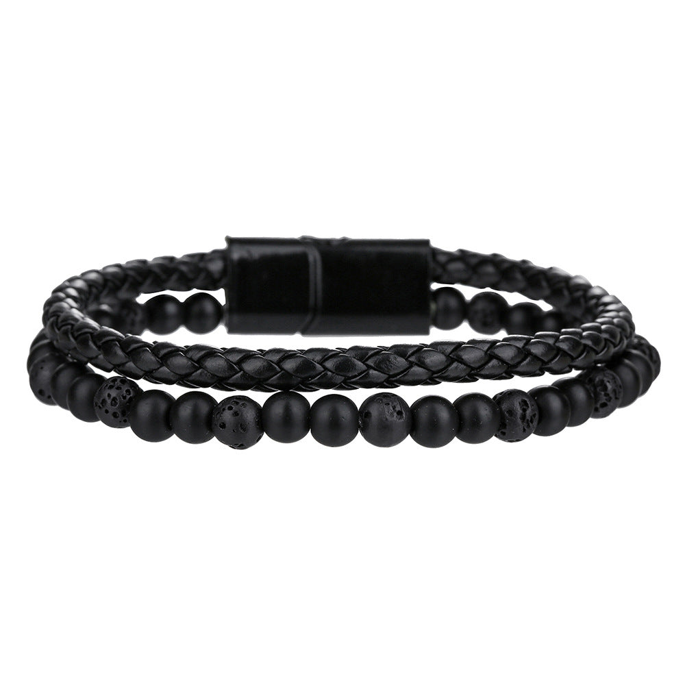 Men's Woven Leather Bracelet with Natural Black Agate and Tiger's Eye Beads Geometric Round Multi-layer Clasp