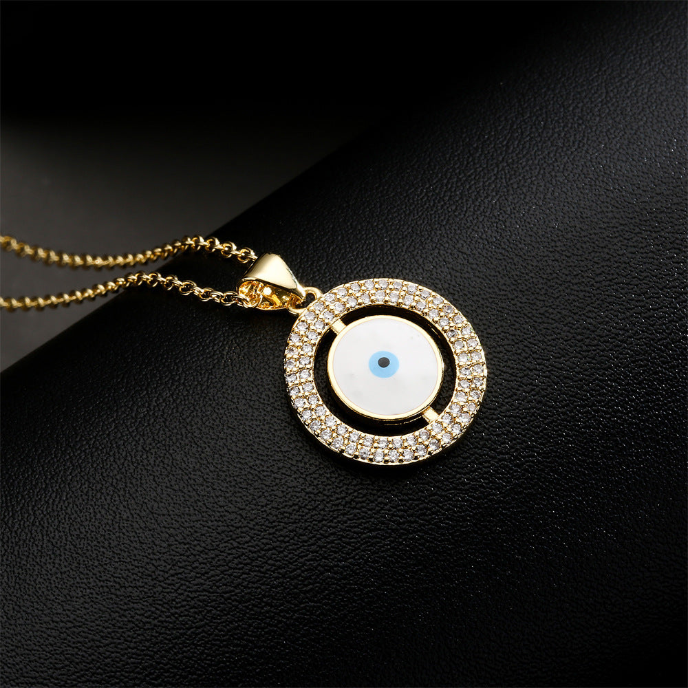 Geometric Drip Oil Brass Inlaid Cubic Zirconia Evil Eye Necklace with Cable Chain