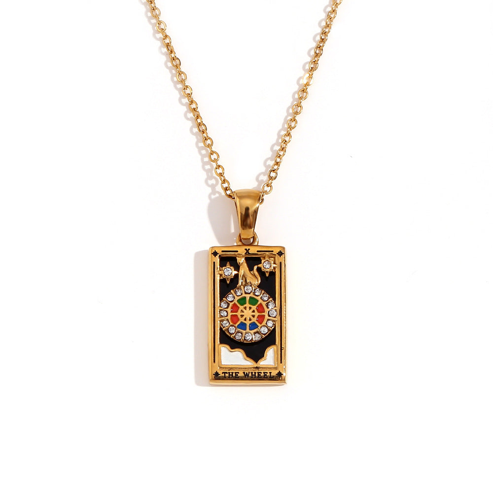 Vintage Tarot Card Pendant Necklace for Women Stainless Steel with 18K Gold Plating Geometric Four-Sided Design Fashion Office Style