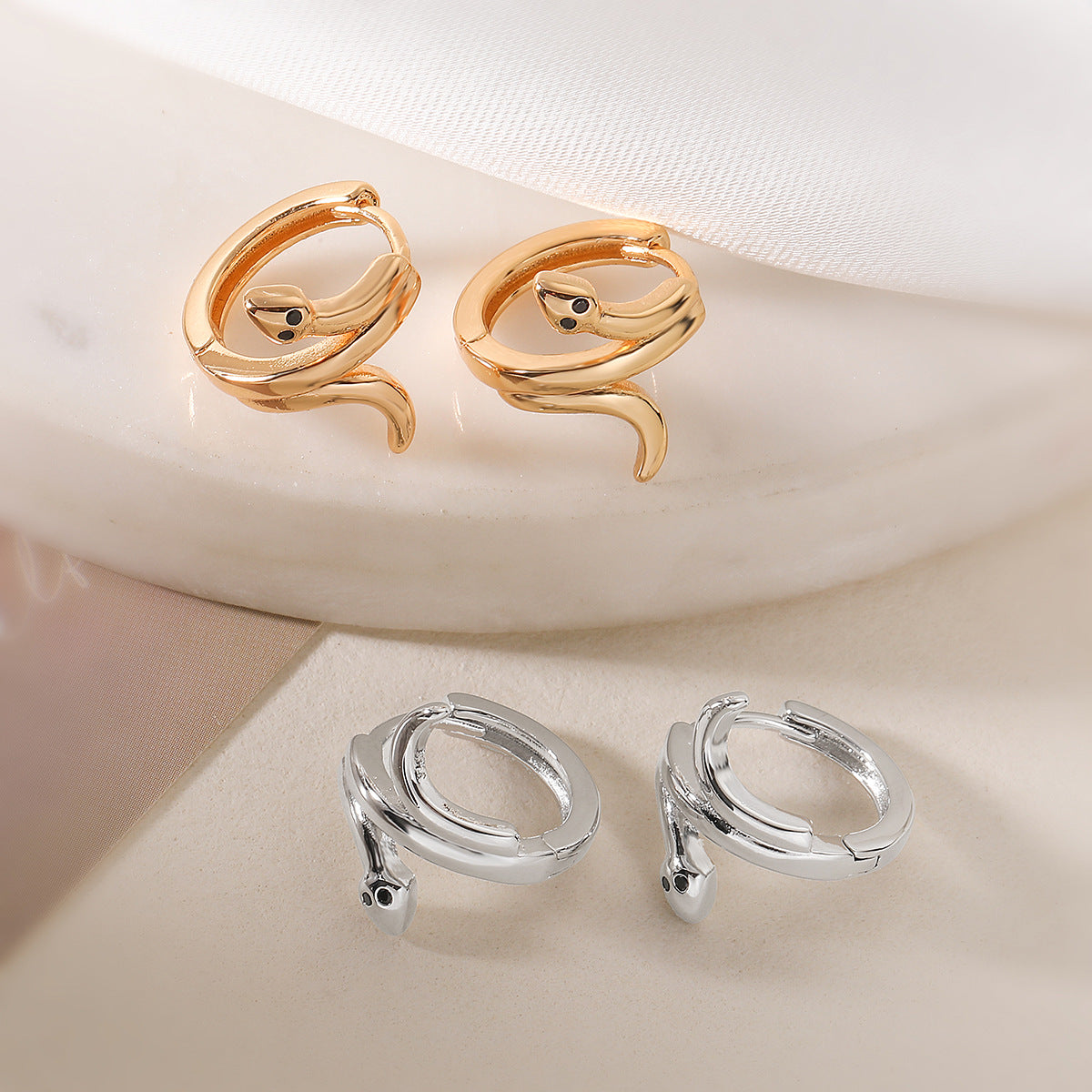 Minimalist Retro Snake-Shaped Hoop Earrings for Women Made of Brass with 18K Gold Plating and Micro-Pavé Detailing