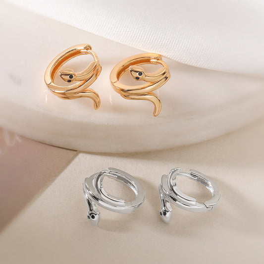 Orecchini a cerchio da donna minimalisti rétro a forma di serpente in ottone con placcatura in oro 18 carati e dettagli in micropavé