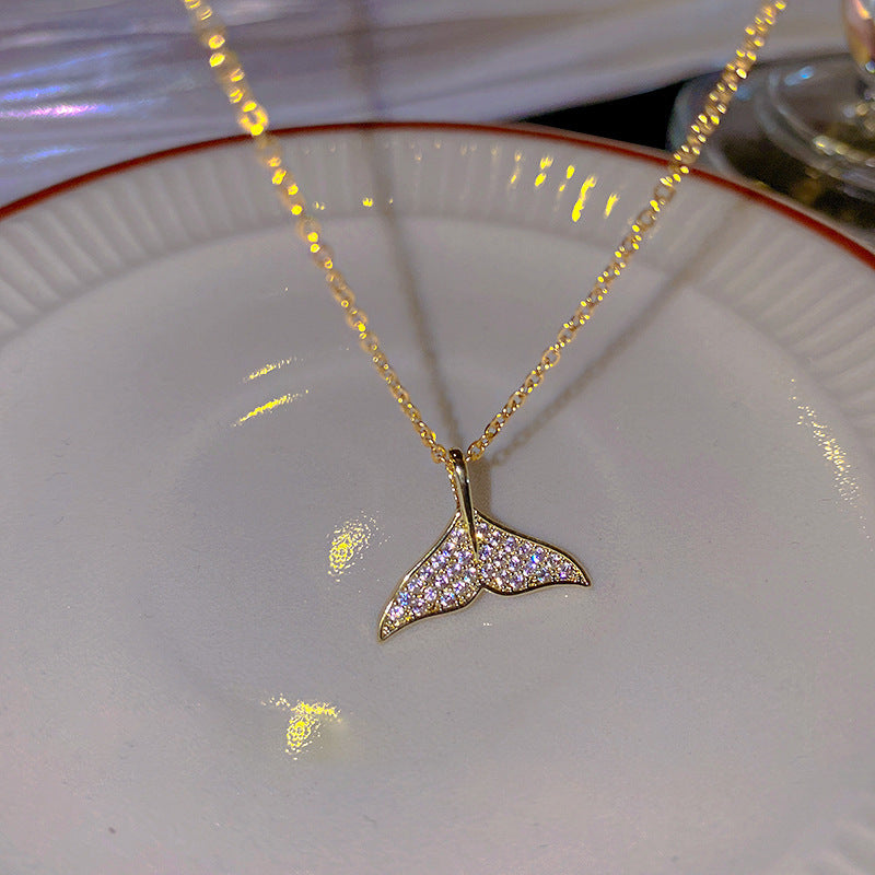 Luxury Mermaid Tail Pendant Necklace for Women with Full Rhinestone Inlay in Titanium Steel with Plated Finish