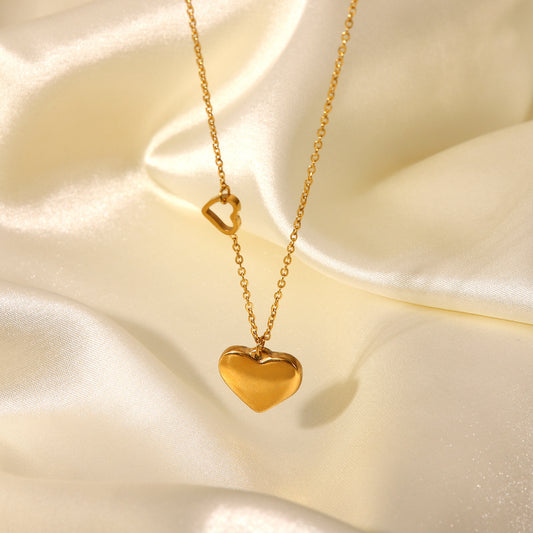 Elegant French-Style Heart-Shaped Pendant Necklace for Women in Stainless Steel with 18K Gold Plating
