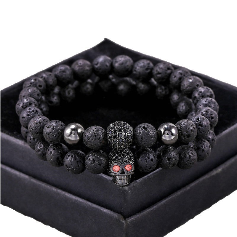 Punk Micro-pavé Cubic Zirconia Skull and Volcanic Stone Bead Bracelet for Unisex