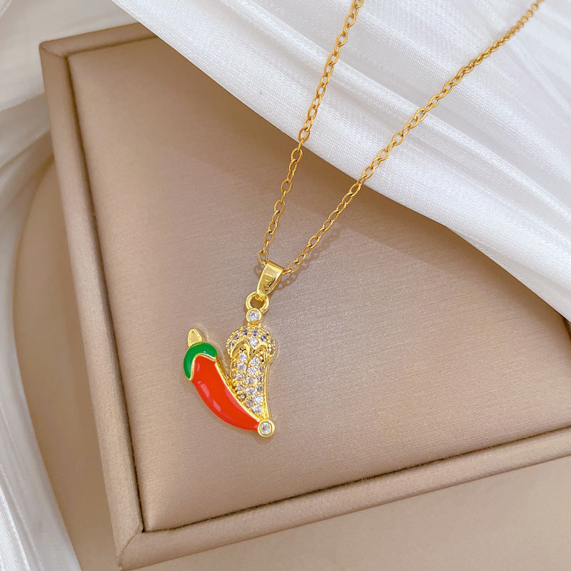 Sweet Elegant Geometric Vegetable Chili Drip Oil Rhinestone Pendant Necklace Titanium Steel Cable Chain for Unisex