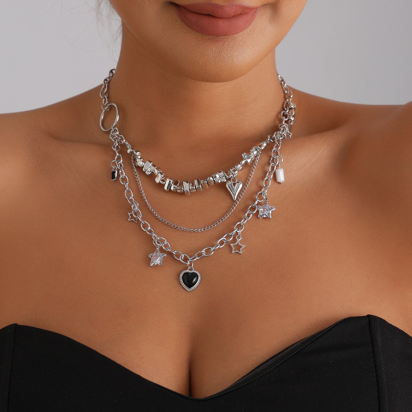 Sweet Streetwear Heart Star Geometric Alloy Plated Multi-Layer Necklace for Women