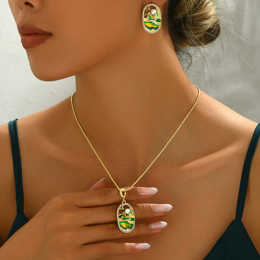Fashion Office Style Mountain and River Pattern Alloy Necklace and Earrings Set with Rhinestone Inlay and Pearl Accents
