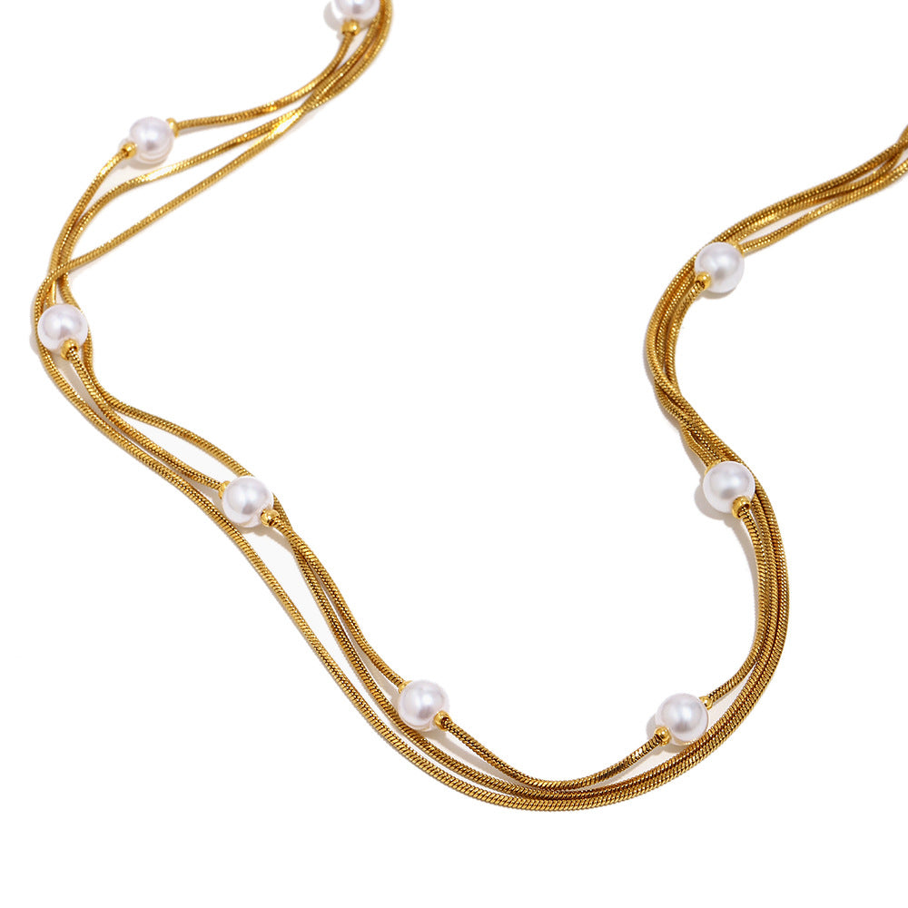 Minimalist Elegant Geometric Stainless Steel Gold Plated Imitation Pearl Necklace with Triple Layer Fine Snake Chain for Women
