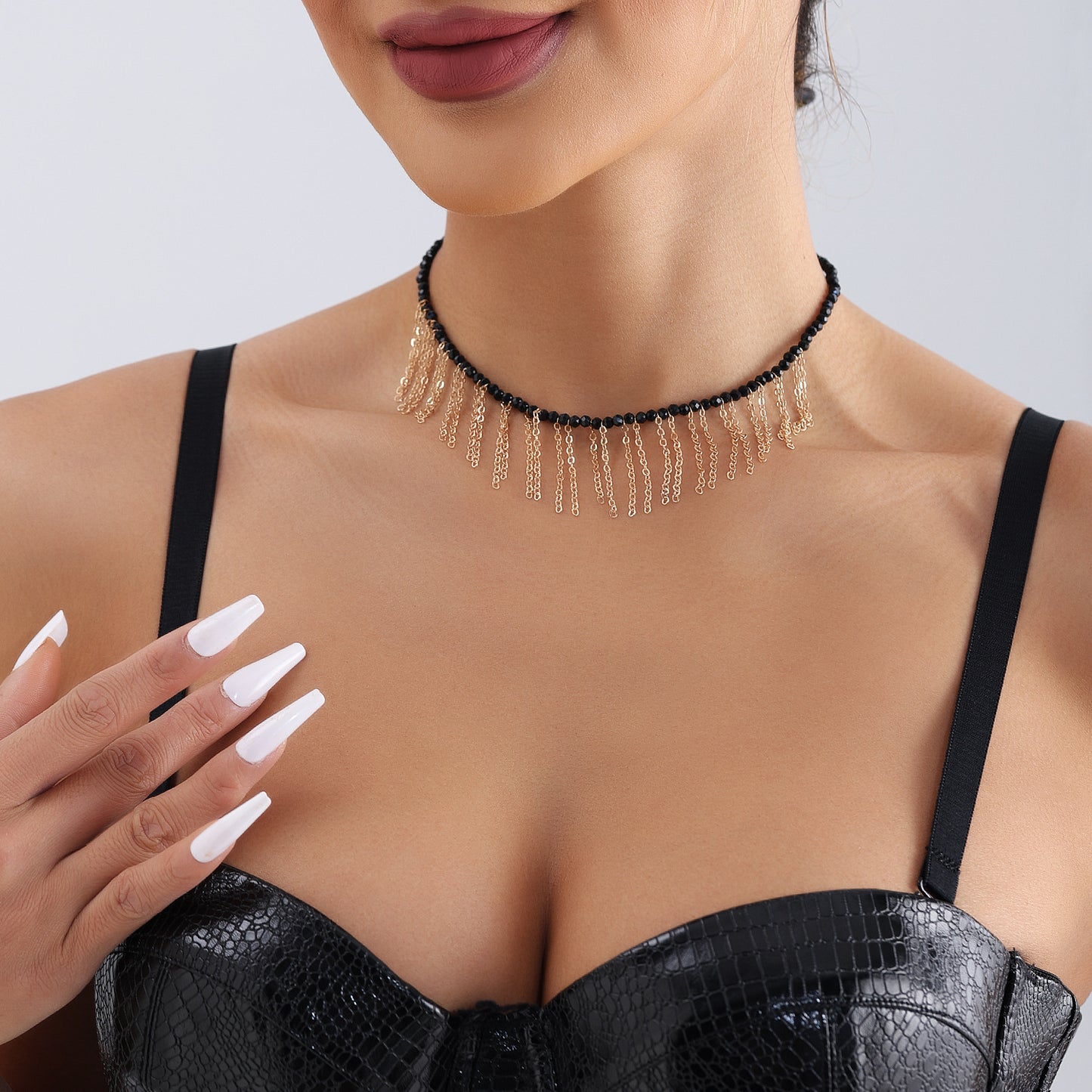 Minimalist Geometric Black Rhinestone Pendant Necklace for Women with Delicate Fringe Detail and Gold Plated Finish