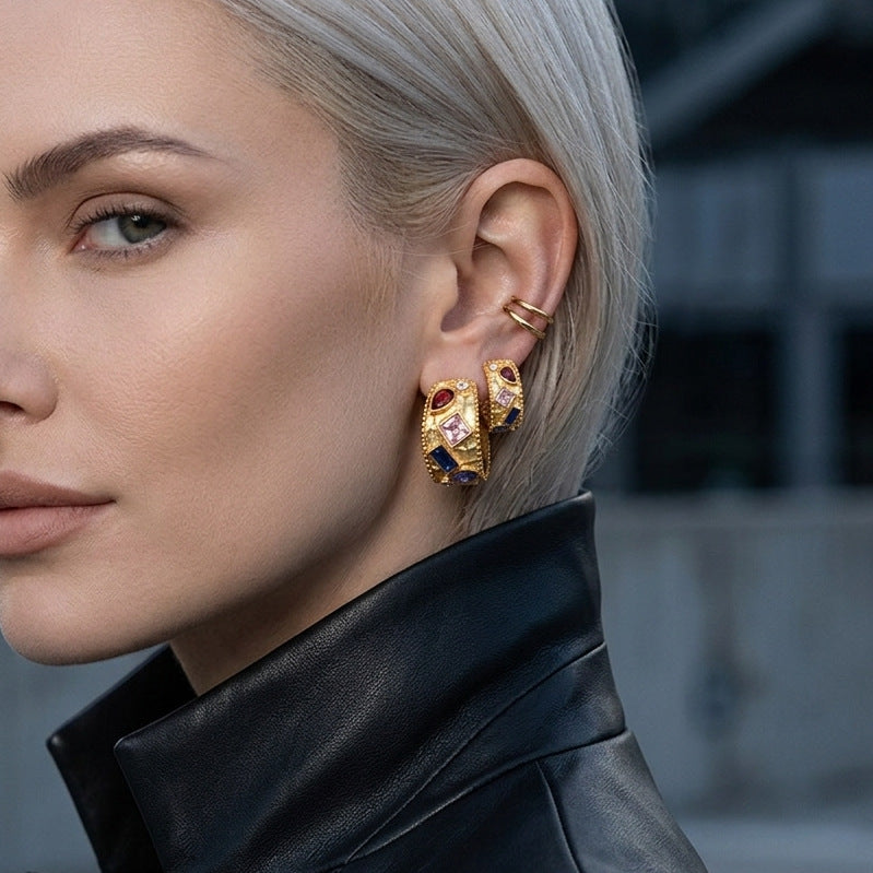 Elegant Colorful Cubic Zirconia Geometric C-Hoop Plated Stainless Steel Earrings for Women