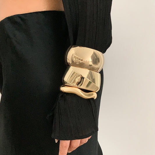Exaggerated Irregular Wavy Wide Metal Bracelet with Polished Spring Design and Geometric Lines