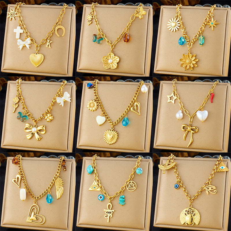 Vintage Elegant Heart Bow Cross Floral Stainless Steel Plated Necklace for Women