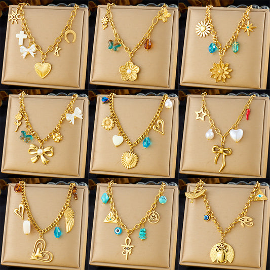 Vintage Elegant Heart Bow Cross Floral Stainless Steel Plated Necklace for Women