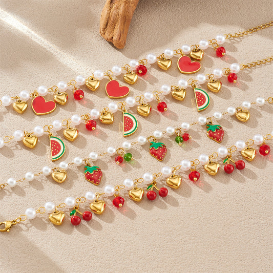 Sweet Gold Plated Drip Oil Fruit Pearl Bracelet with Strawberry Cherry Watermelon Charms