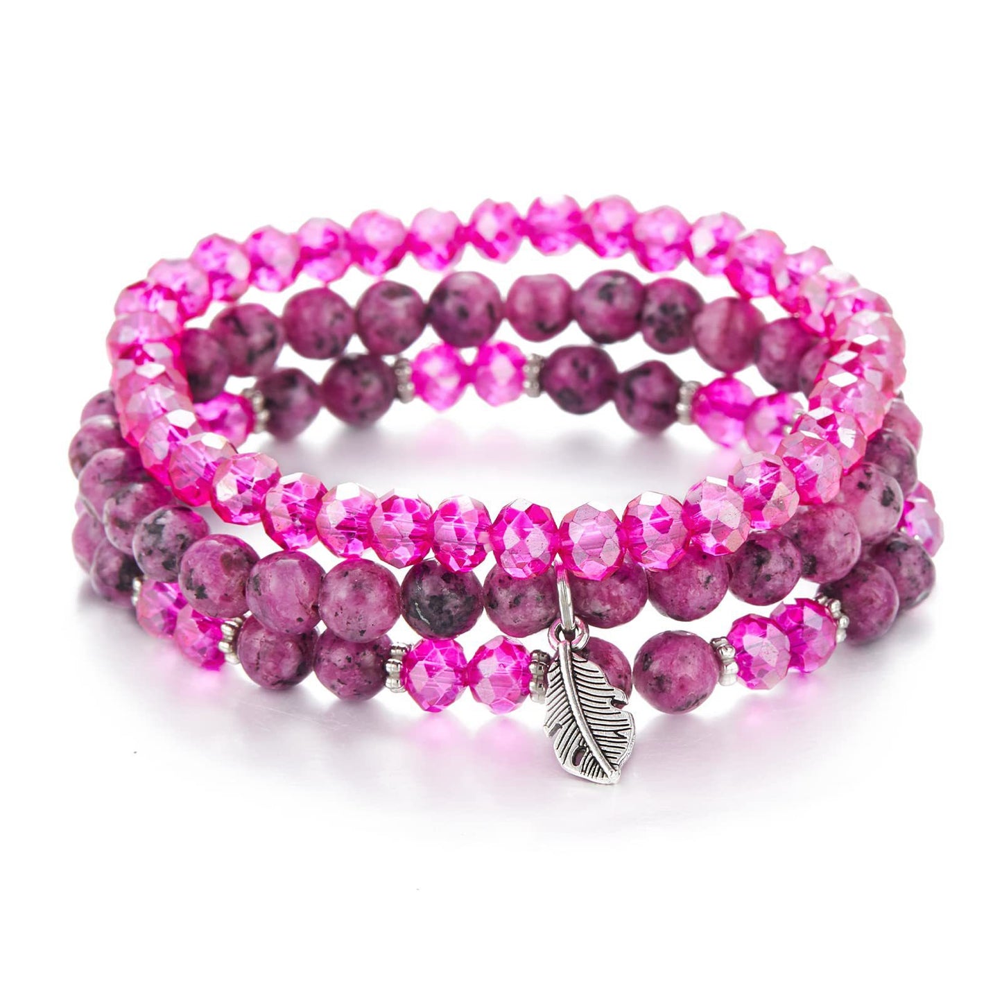 Minimalist Geometric Crystal Feather Pendant Bracelet Set