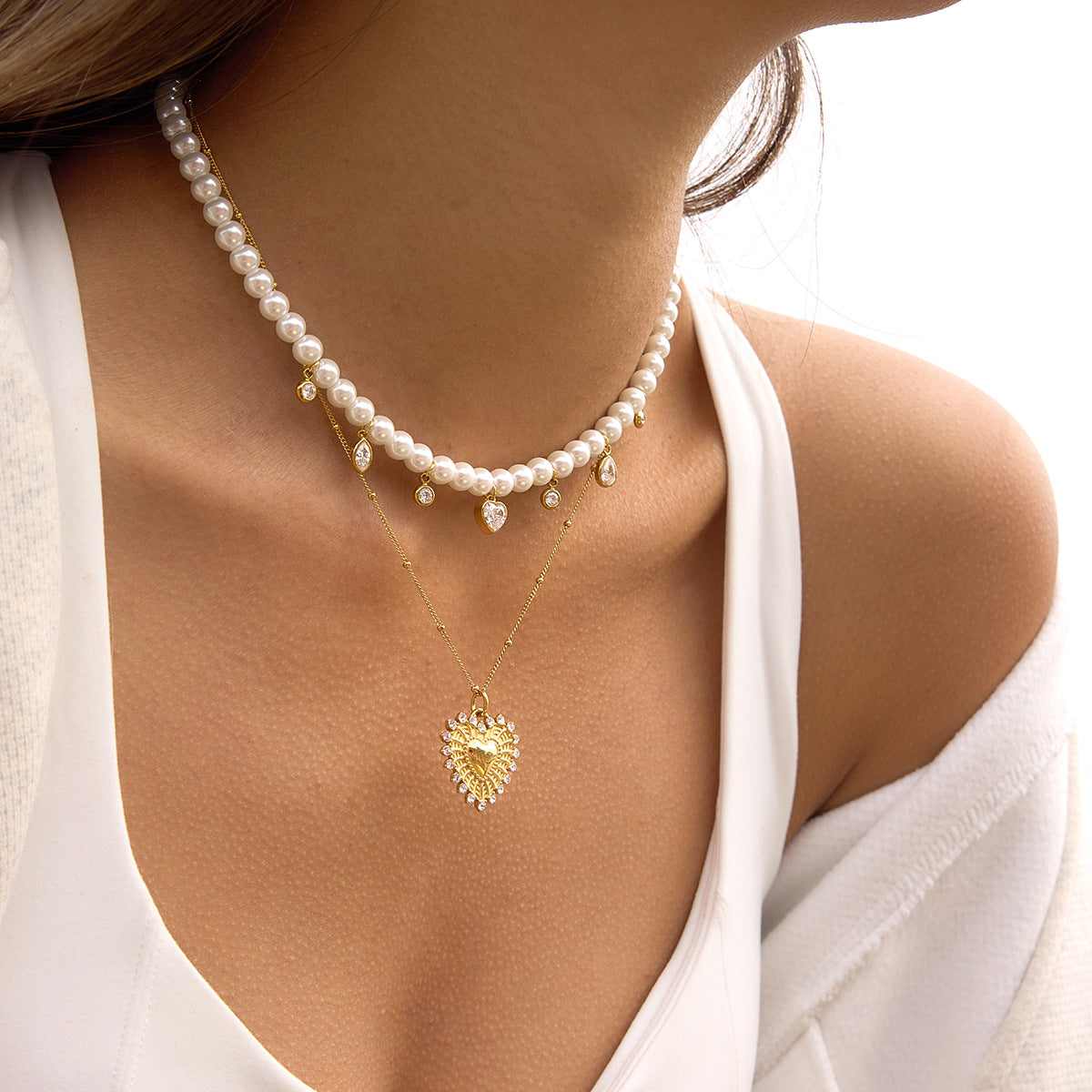 Minimalist Geometric Heart Stainless Steel Necklace with Simulated Pearl and Cubic Zirconia PVD Plated for Women