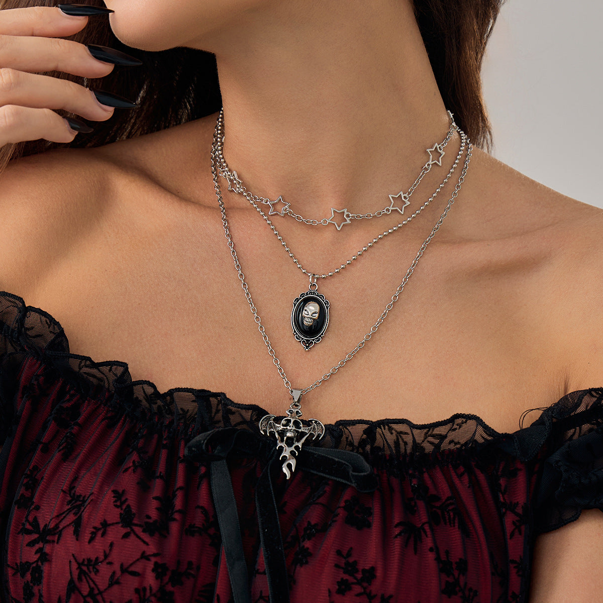 Punk Heart Wing Skull Alloy Pendant Plated Brass Necklace Curb Chain Women