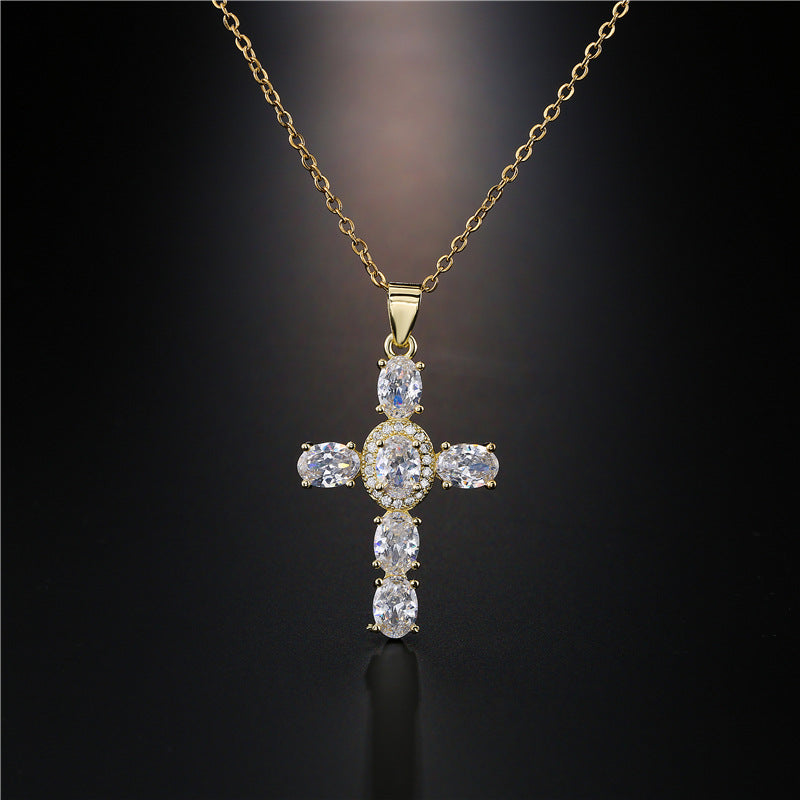 Minimalist Geometric Cross Brass Inlaid Cubic Zirconia Pendant Necklace with Cable Chain for Women