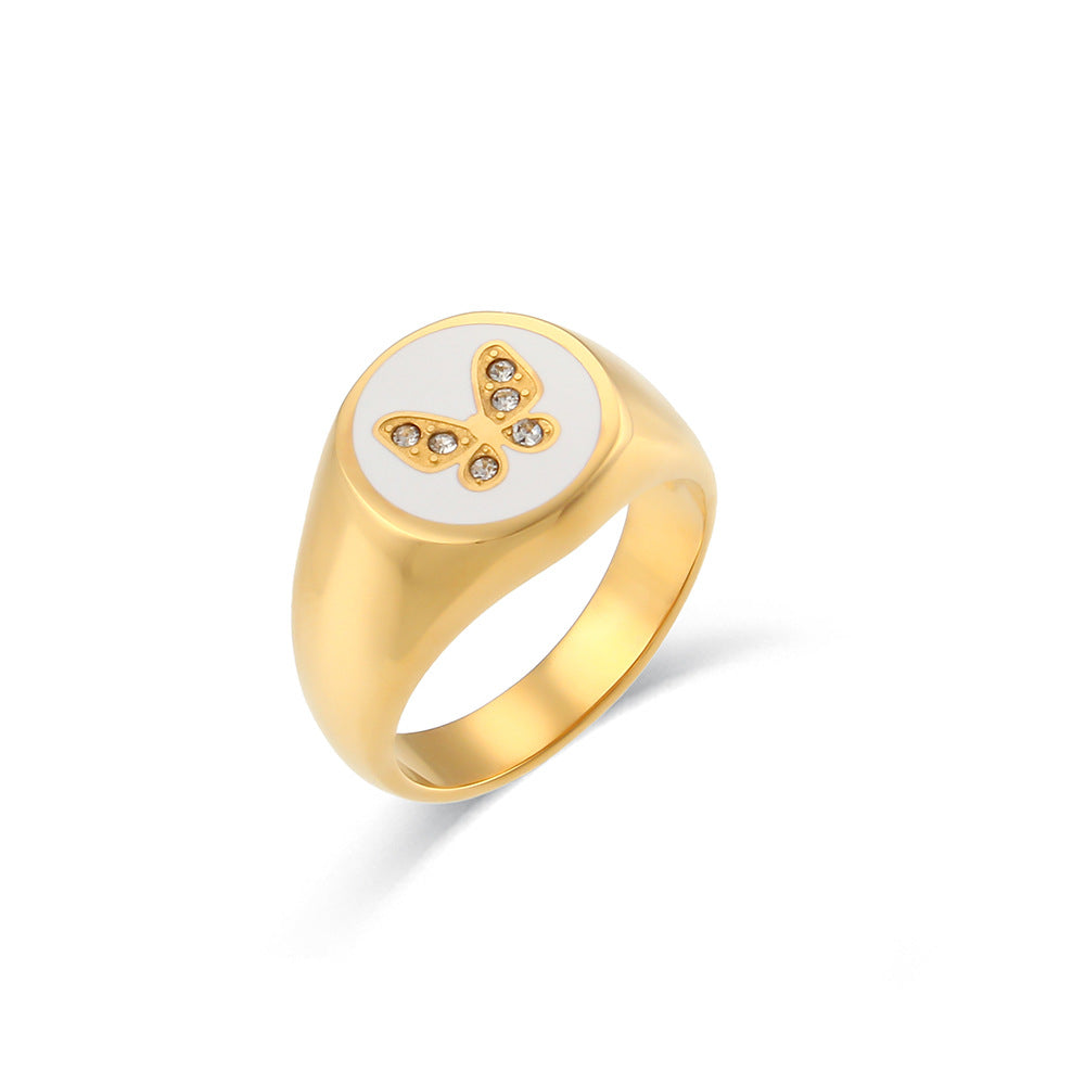 Anillo Geométrico de Mariposa Esmaltado de Circones de Acero Inoxidable Chapado en Oro de 18K Estilo Vintage para Mujer