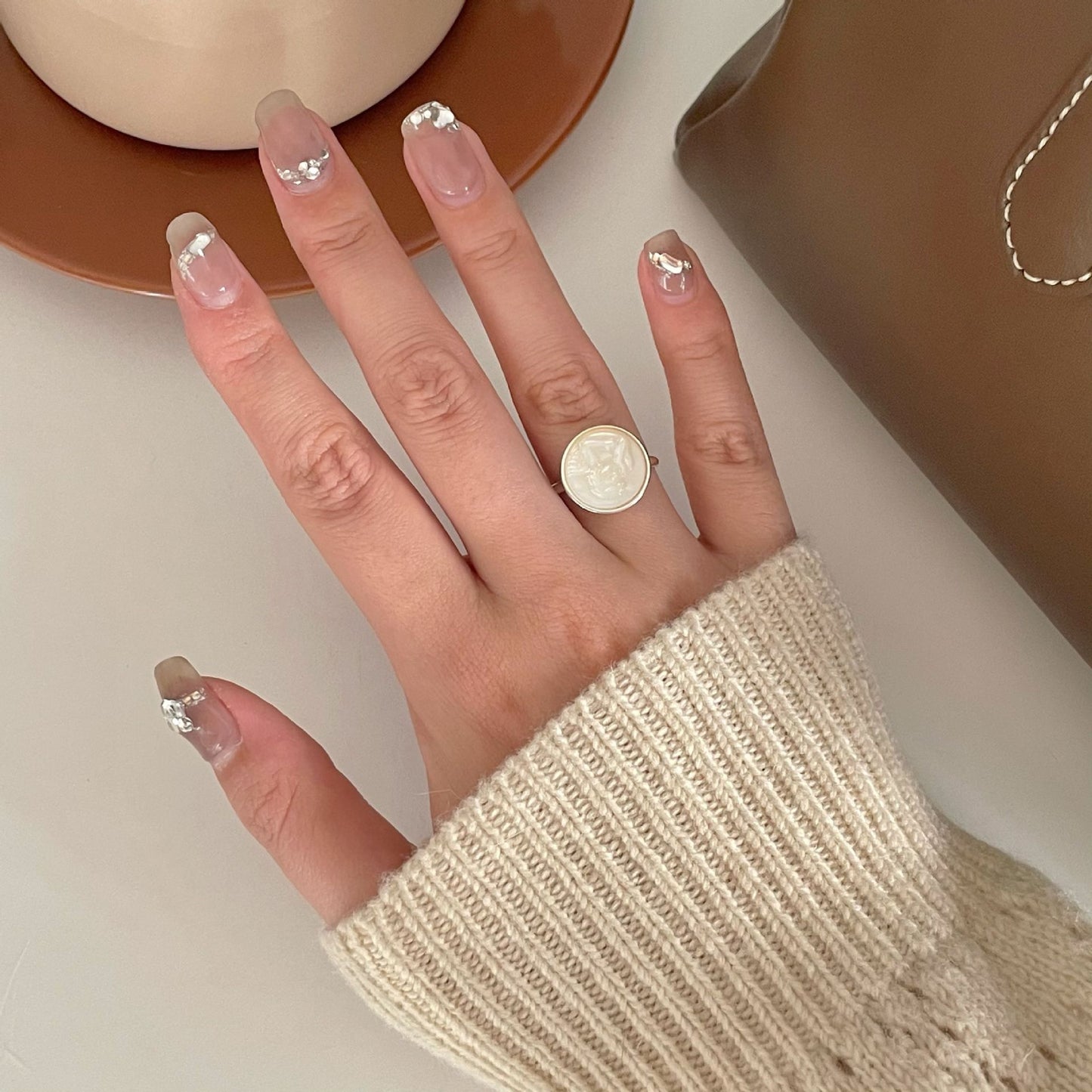 Minimalist French Style Heart-Shaped 925 Sterling Silver Ring with Beveled Square Accent for Women