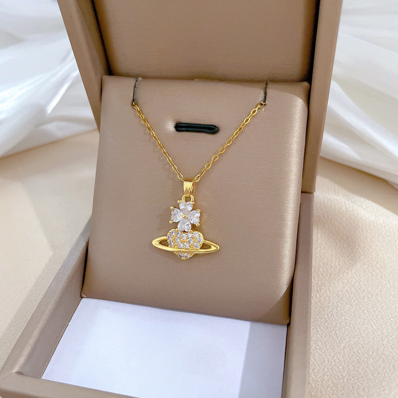 Collana con ciondolo Luxury Floral Planet per uomo e donna con catena in acciaio al titanio e strass intarsiati con design geometrico