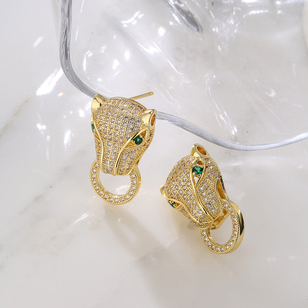 Hip-hop Geometric Leopard Head Brass Gold Plated Cubic Zirconia Stud Earrings for Women
