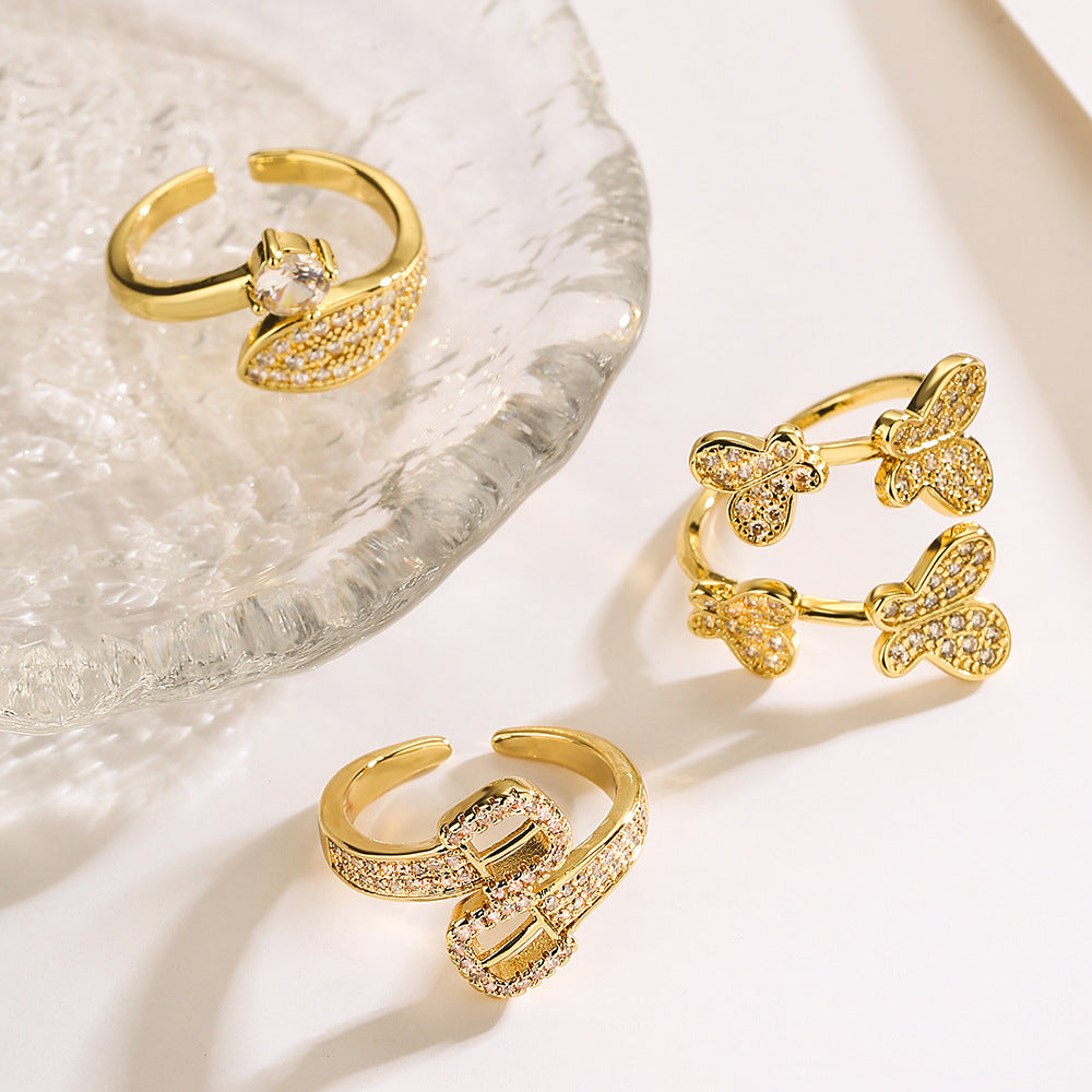 Minimalist Geometric Open Ring for Women with 18K Gold Plating and Zircon Inlay in Butterfly and Leaf Shape