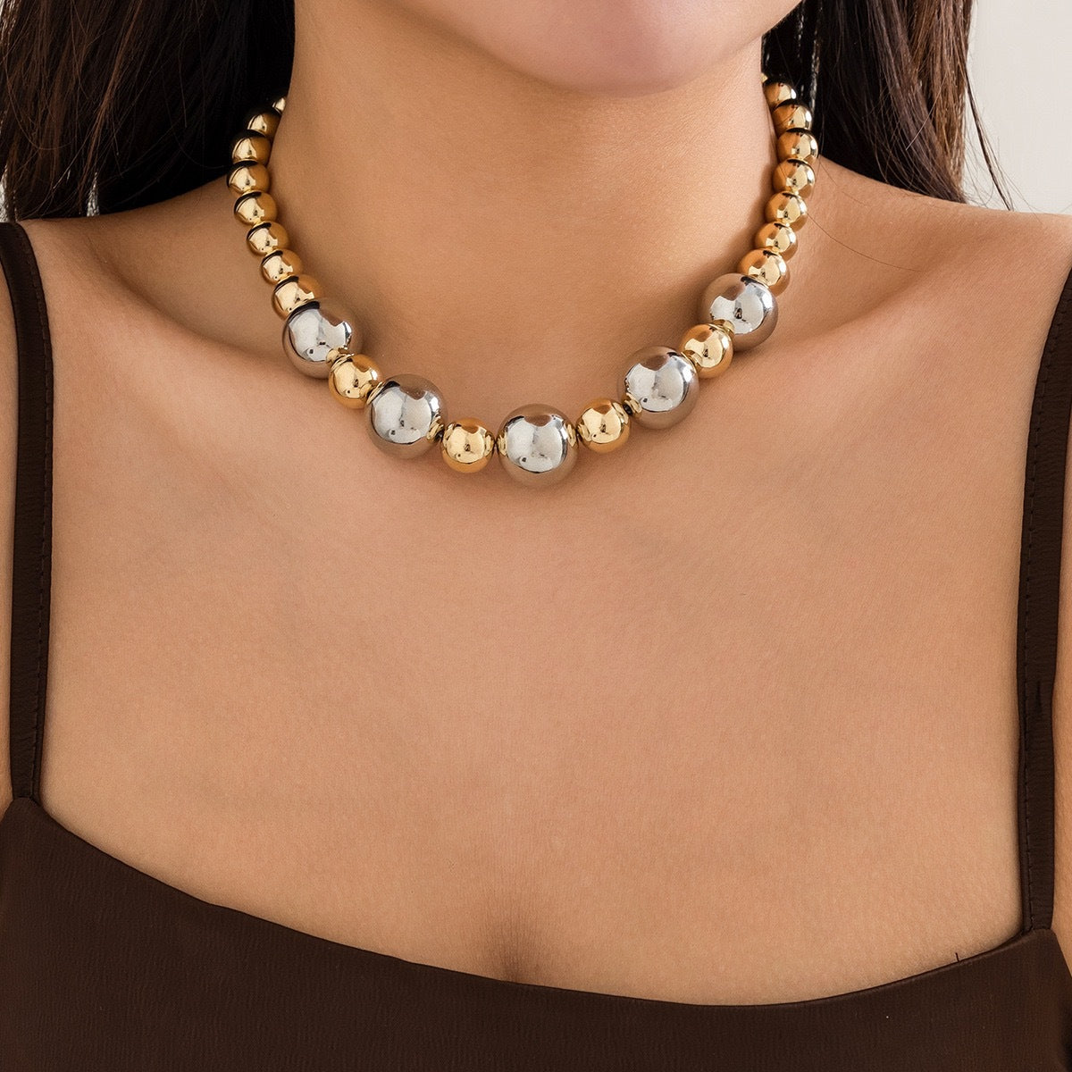 Punk Geometric Round Resin Beaded Ball Chain Necklace for Women