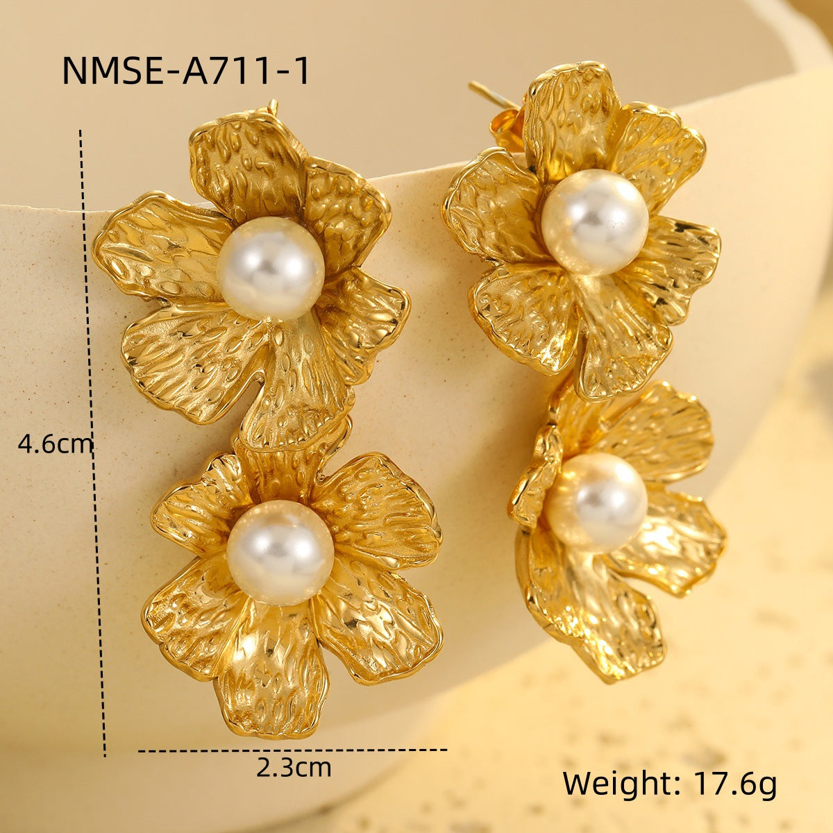 Pendientes de Acero Inoxidable con Forma de Pétalo Estilo OL de Moda con Baño de Oro de 18K y Acentos de Perlas