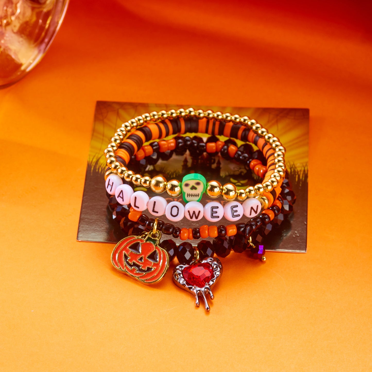 Cartoon Halloween Themed Handmade Alloy Bracelet with Pumpkin and Skull Charms for Women Geometric Letter Design