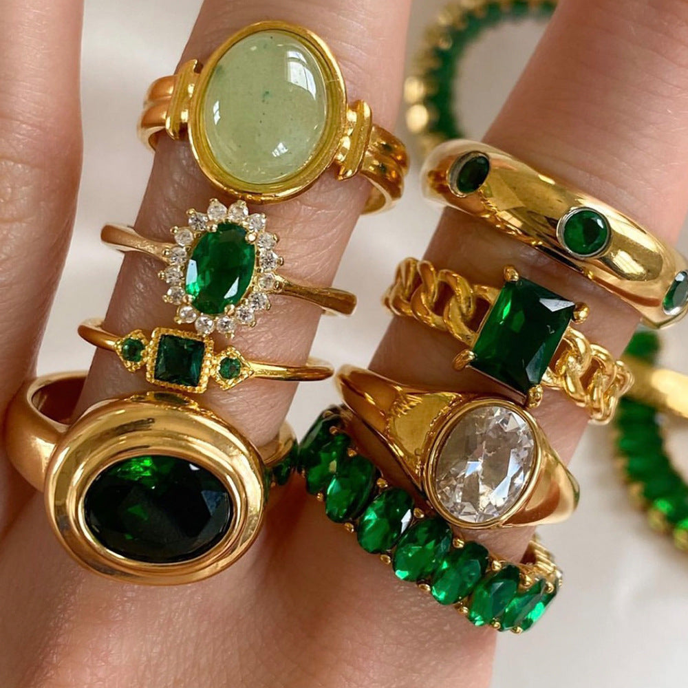 Fashion Geometric 18K Gold Plated Stainless Steel Ring with Green Zircon for Women