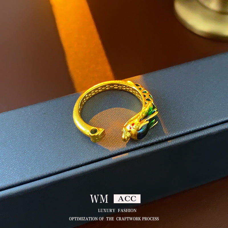 Vintage Chinese Style Dragon and Phoenix Geometric Ring for Women Made of Brass with Electroplating Finish