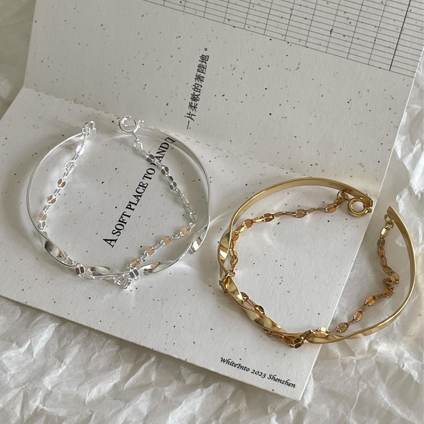 Pulsera de doble capa geométrica chapada en plata de ley 925 minimalista para mujer