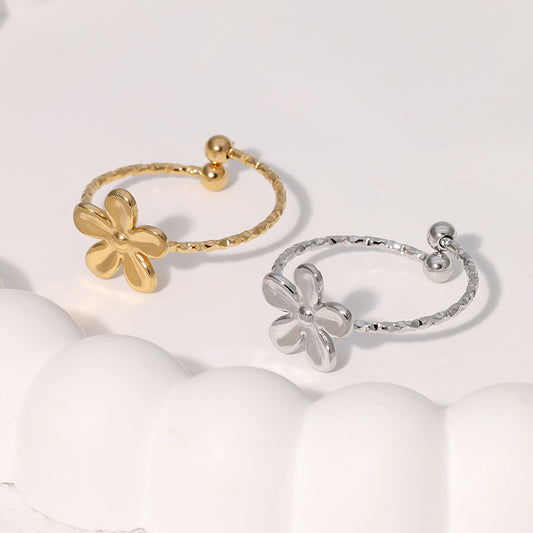 Anillo floral minimalista en acero inoxidable bañado en oro, banda abierta ajustable para mujer