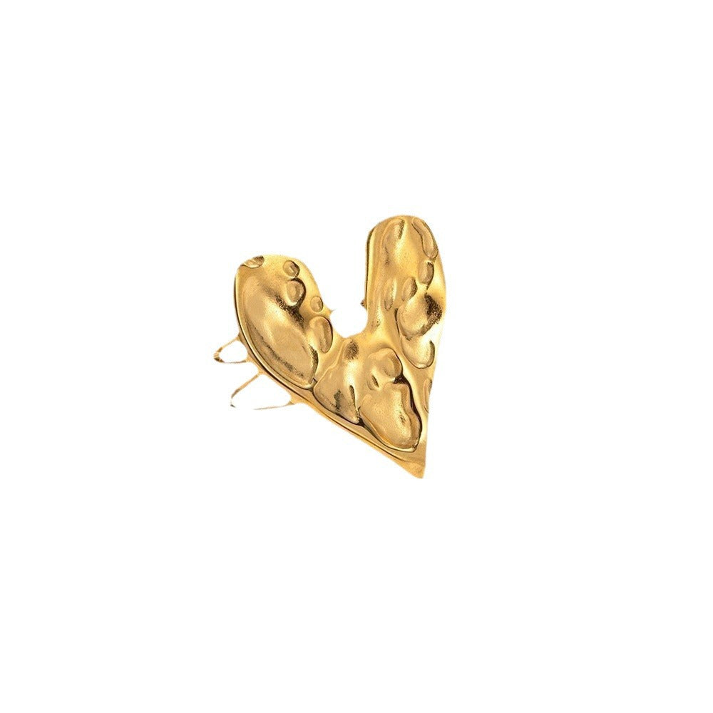 18K Gold Plated Stainless Steel Hammered Heart Ring Double-Sided Geometric Women's Jewelry