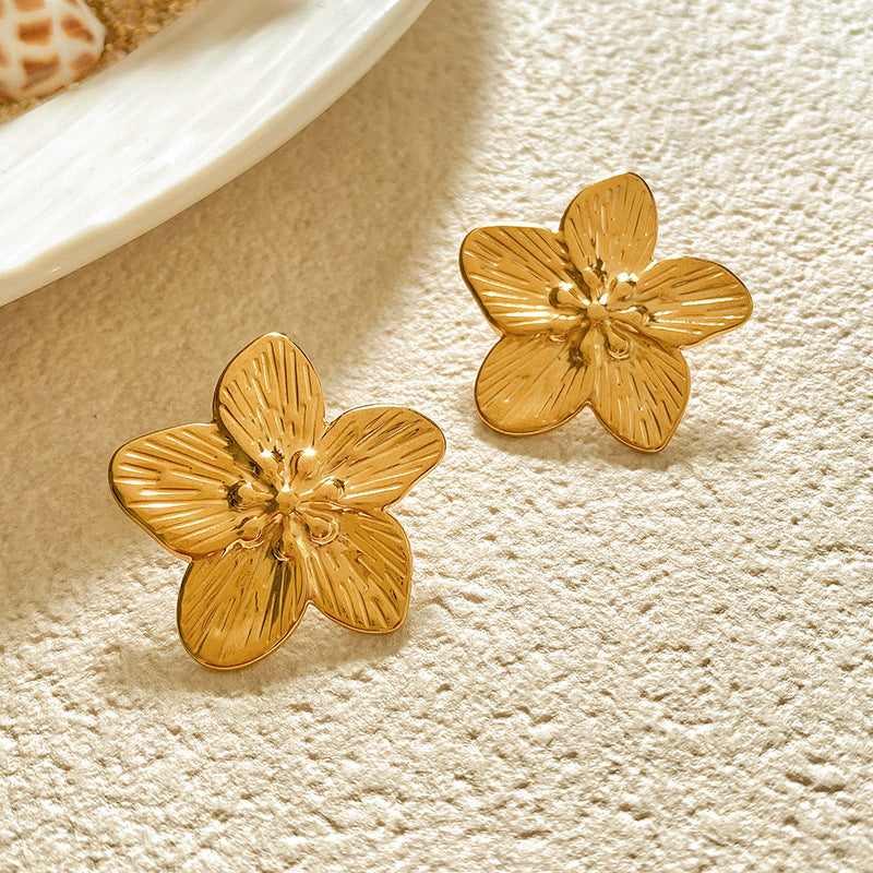 Sweet Sunflower Plant Brass Stud Earrings with Stainless Steel Posts