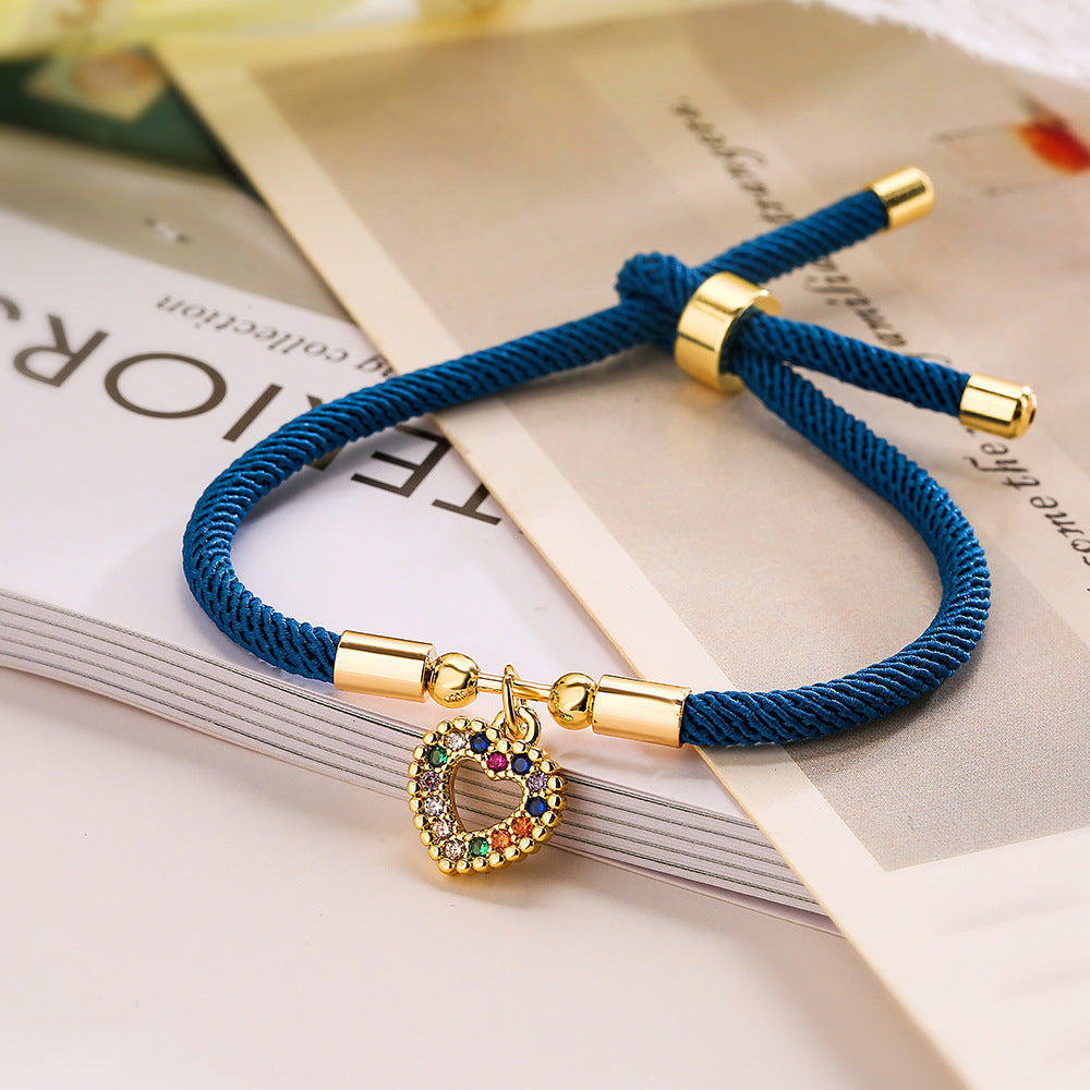 Minimalist Heart-Shaped Copper Plated Gold Zirconia Bracelet for Women with Adjustable Cord